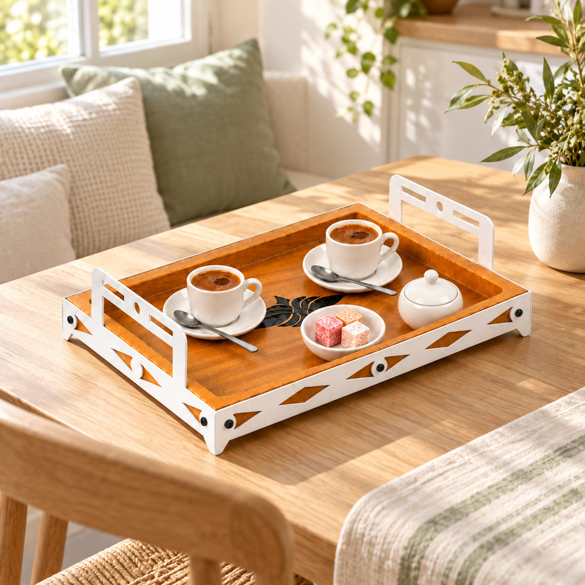Iroko Wood & Laser-Cut Metal Serving Tray, 30 × 20 × 7 cm