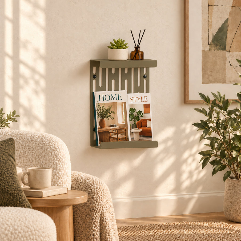 Wall Mounted Magazine Rack with Display Shelf, 2 mm Steel