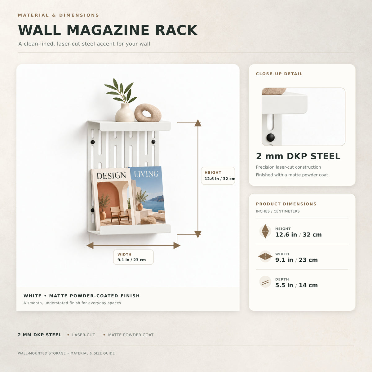 Wall Mounted Magazine Rack with Display Shelf, 2 mm Steel