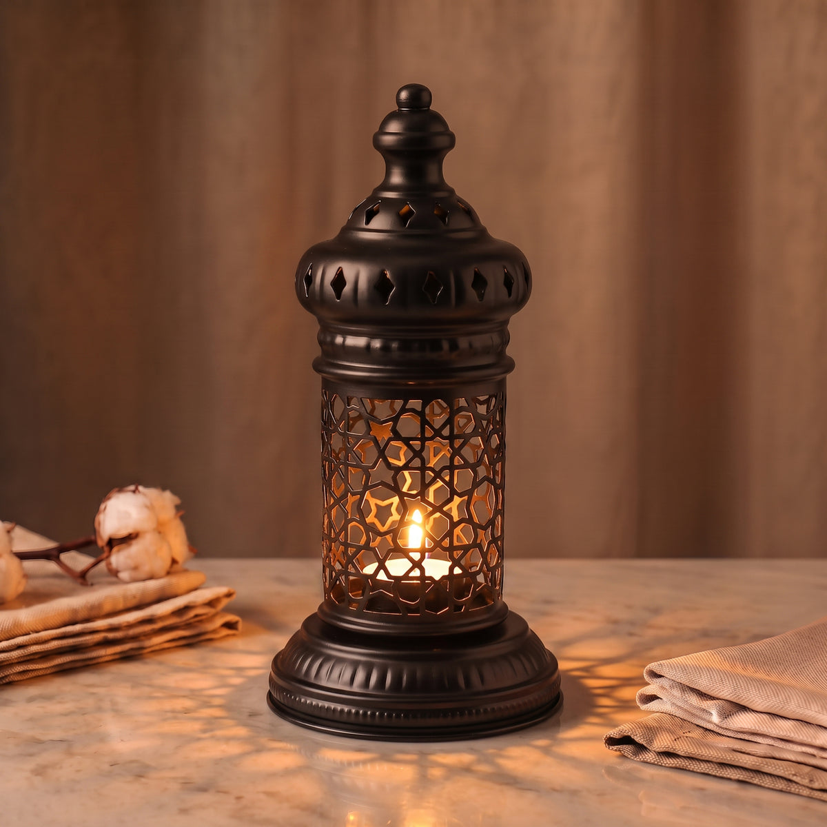 White Geometric Metal Lantern | Seljuk Star Tealight Holder | Minimalist Moroccan Candle Decor