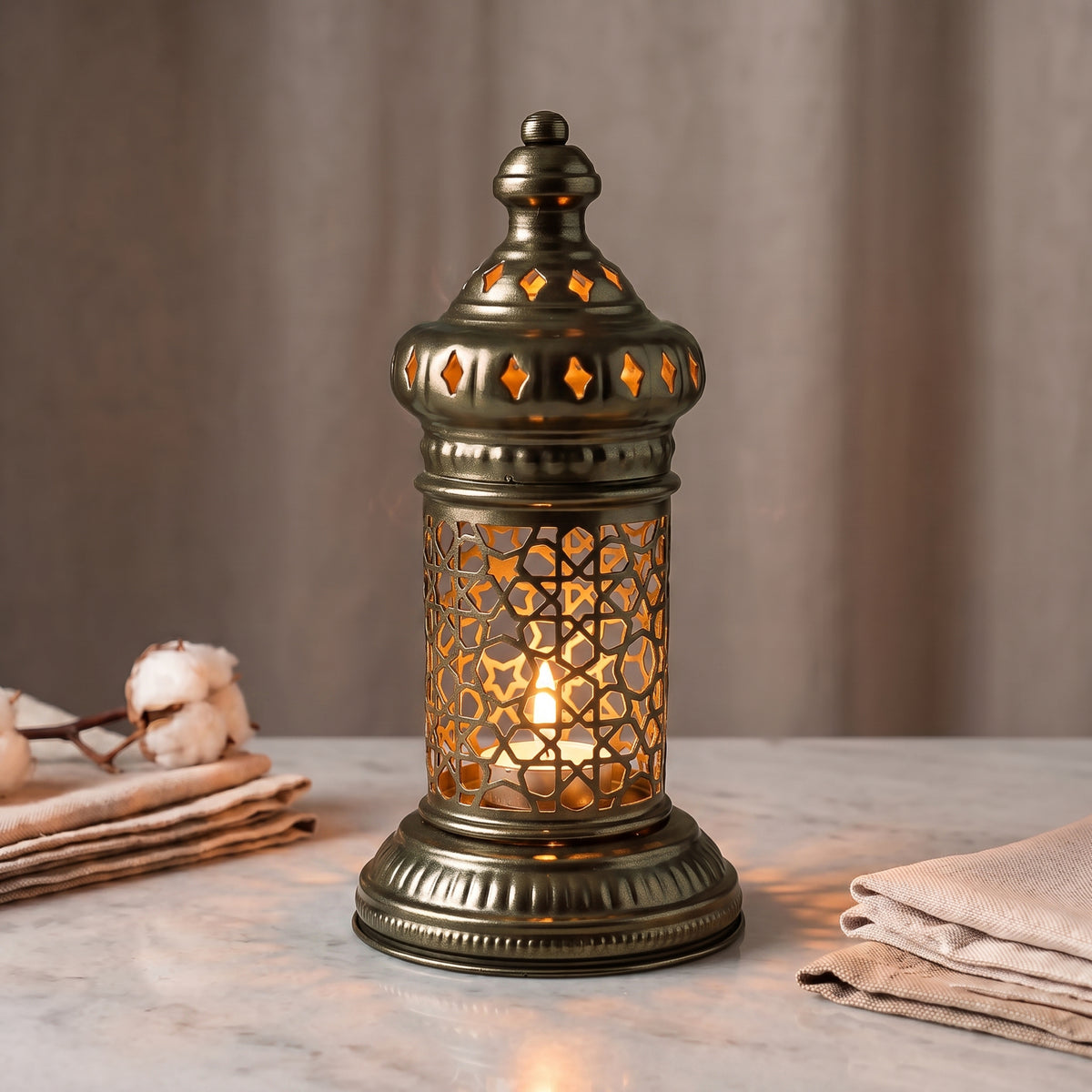 White Geometric Metal Lantern | Seljuk Star Tealight Holder | Minimalist Moroccan Candle Decor