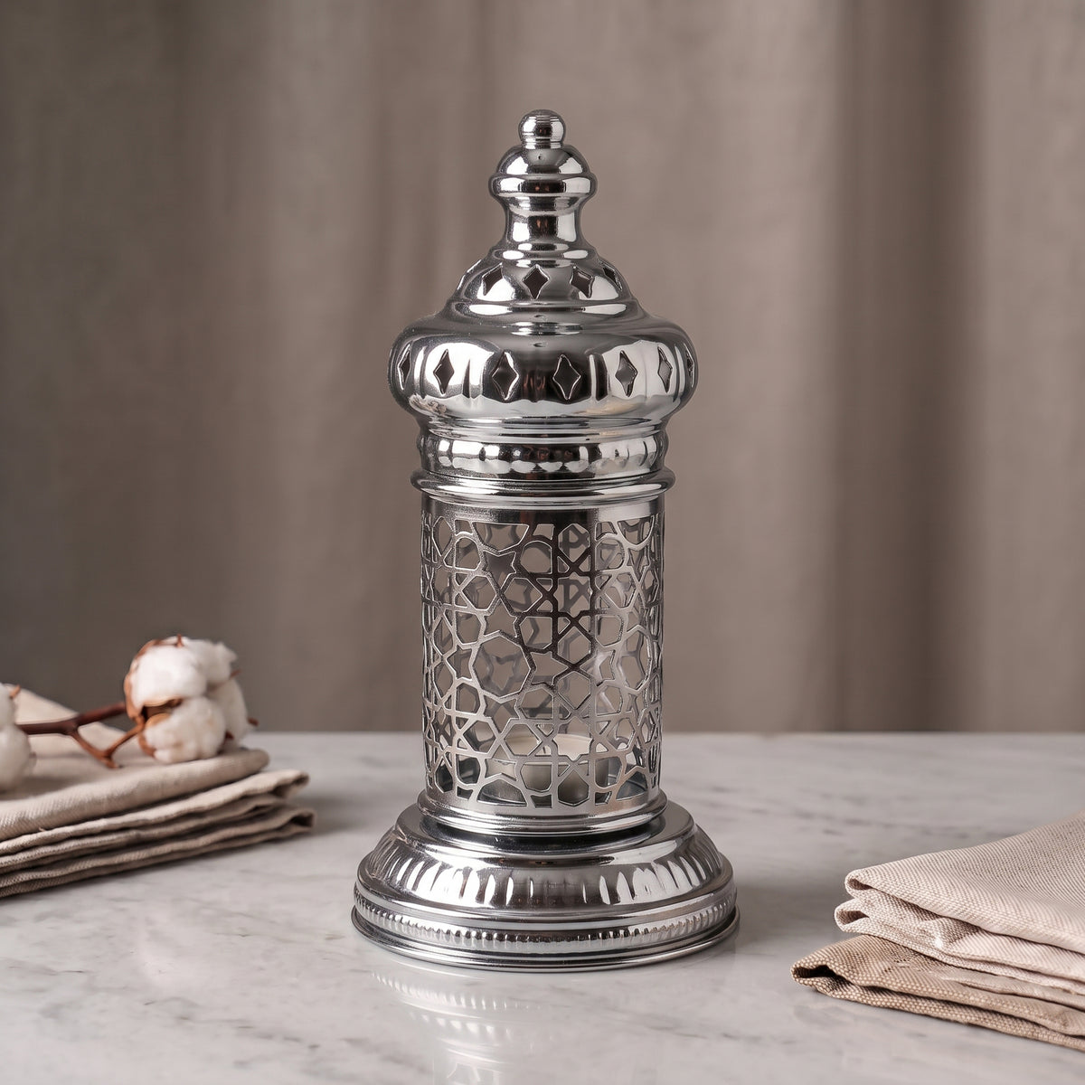 White Geometric Metal Lantern | Seljuk Star Tealight Holder | Minimalist Moroccan Candle Decor