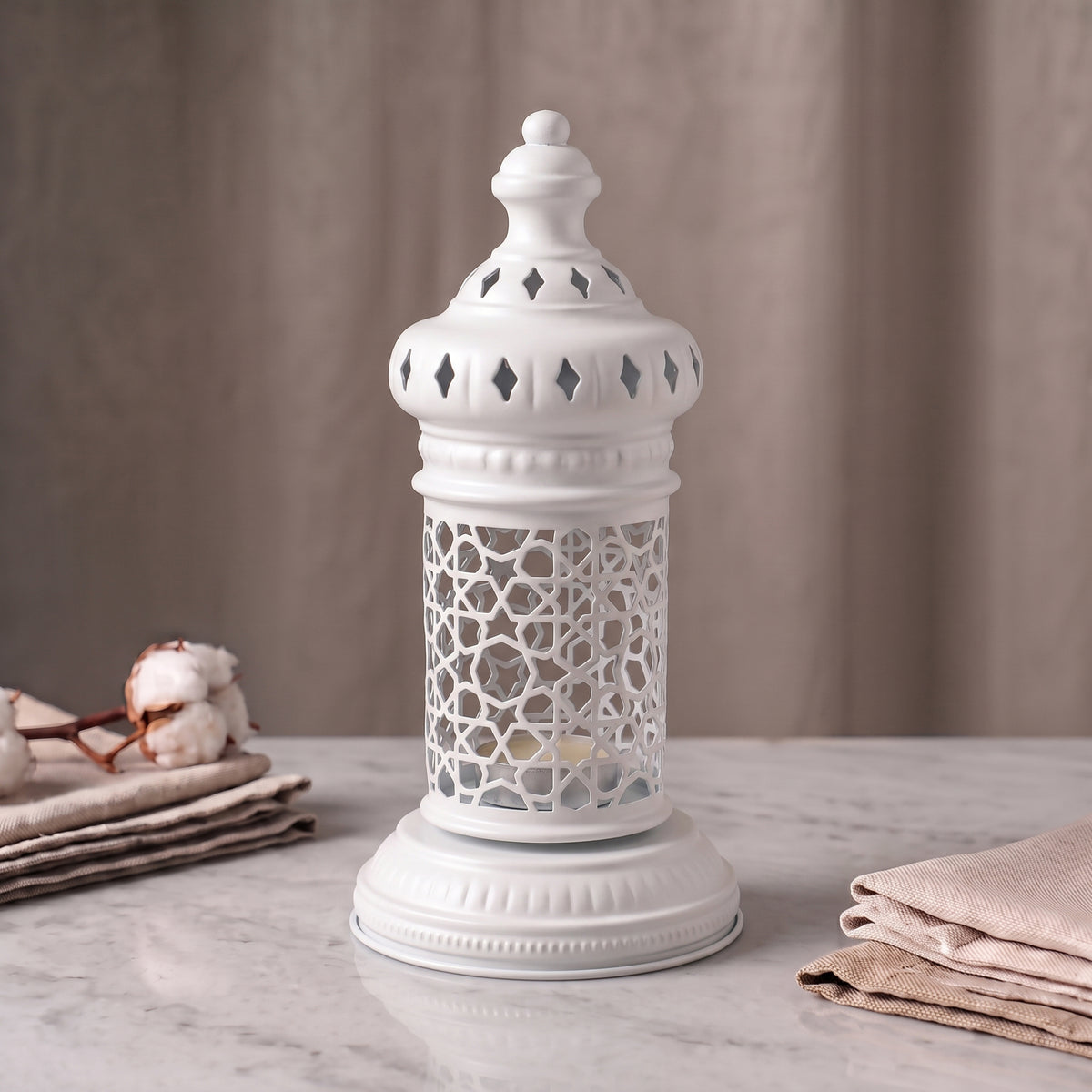 White Geometric Metal Lantern | Seljuk Star Tealight Holder | Minimalist Moroccan Candle Decor