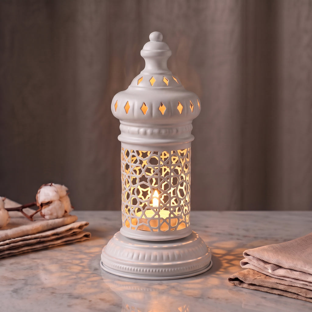 White Geometric Metal Lantern | Seljuk Star Tealight Holder | Minimalist Moroccan Candle Decor