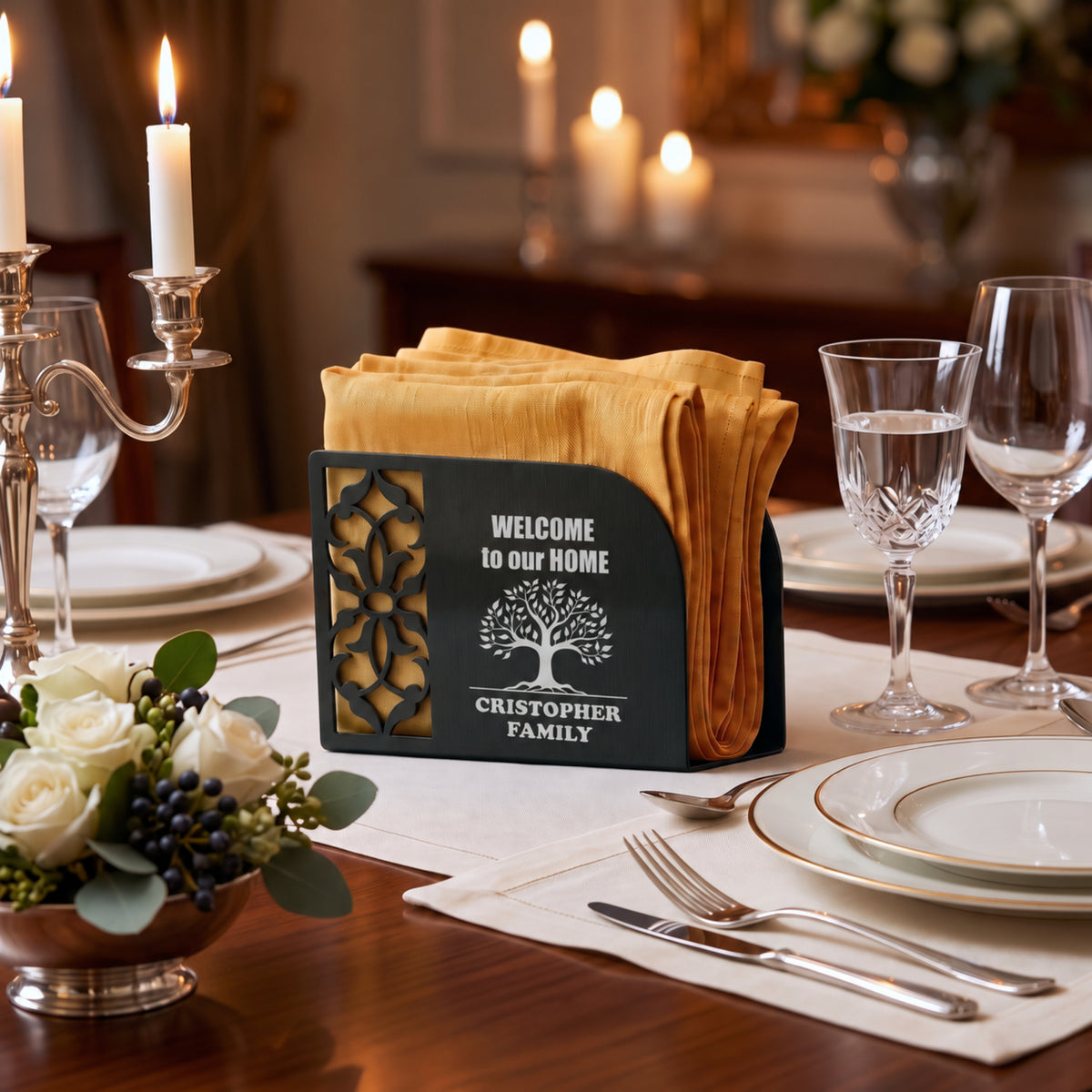 Personalized Napkin Holder, Custom Family Name Metal Napkin Stand, Tree of Life Table Decor, Housewarming Gift