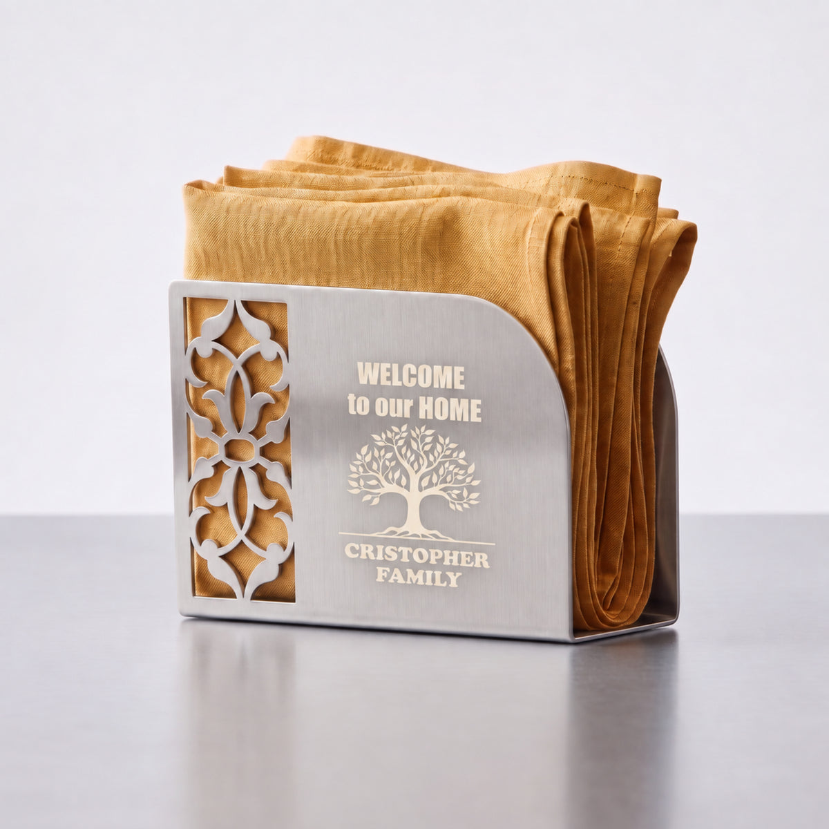 Personalized Napkin Holder, Custom Family Name Metal Napkin Stand, Tree of Life Table Decor, Housewarming Gift