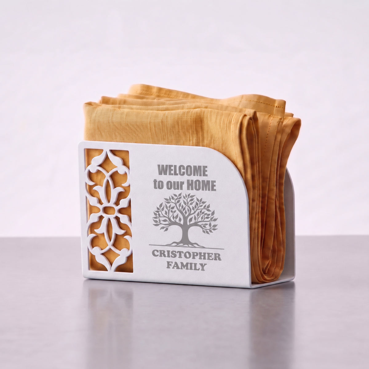 Personalized Napkin Holder, Custom Family Name Metal Napkin Stand, Tree of Life Table Decor, Housewarming Gift