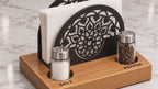 Iroko Wood & Metal Napkin Holder with Salt Pepper Slots, Tabletop Dining Organizer