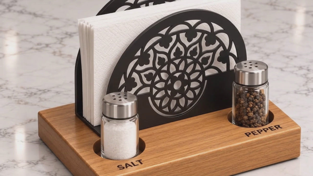 Iroko Wood & Metal Napkin Holder with Salt Pepper Slots, Tabletop Dining Organizer