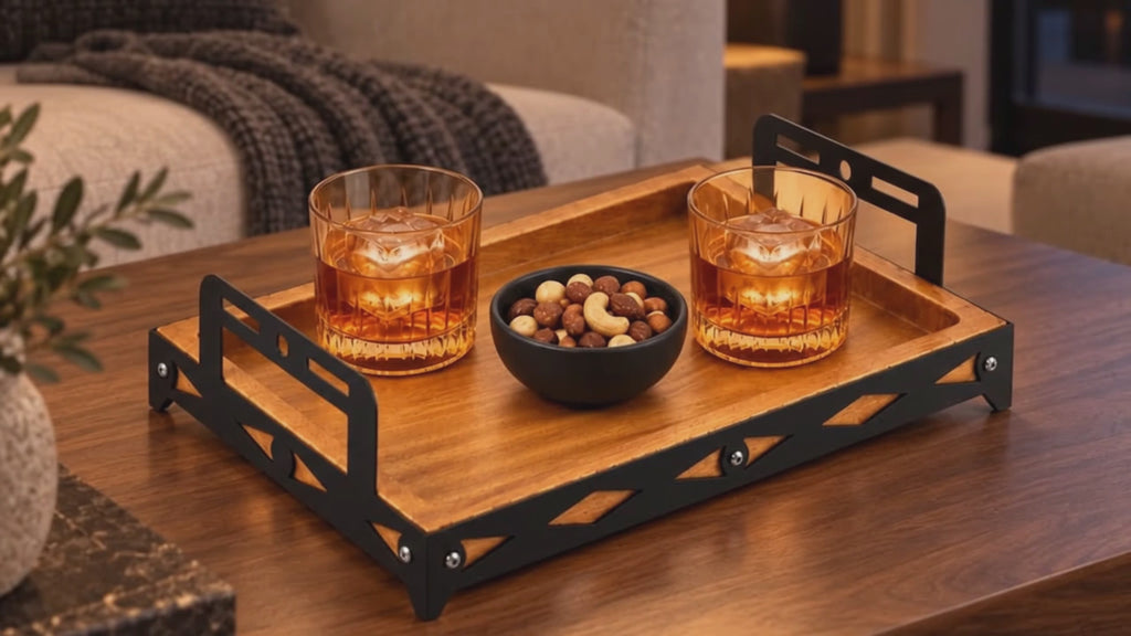 Iroko Wood & Laser-Cut Metal Serving Tray, 30 × 20 × 7 cm