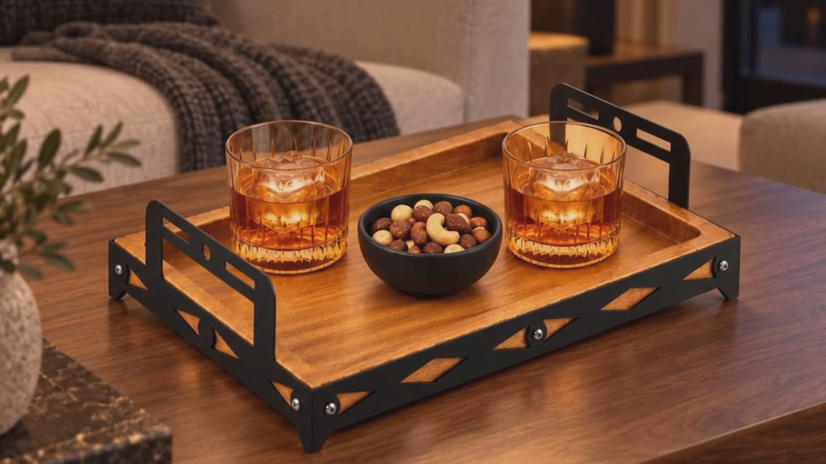 Iroko Wood & Laser-Cut Metal Serving Tray, 30 × 20 × 7 cm
