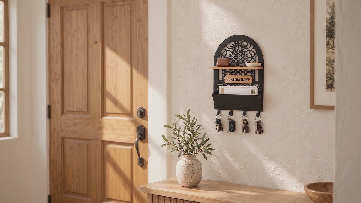 Personalized Seljuk-Inspired Wall Key Holder with Oak Shelf and Mail Organizer