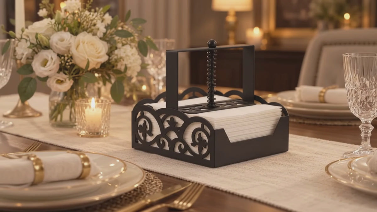 Square Metal Napkin Holder with Spring-Loaded Press and Laser-Cut Sides