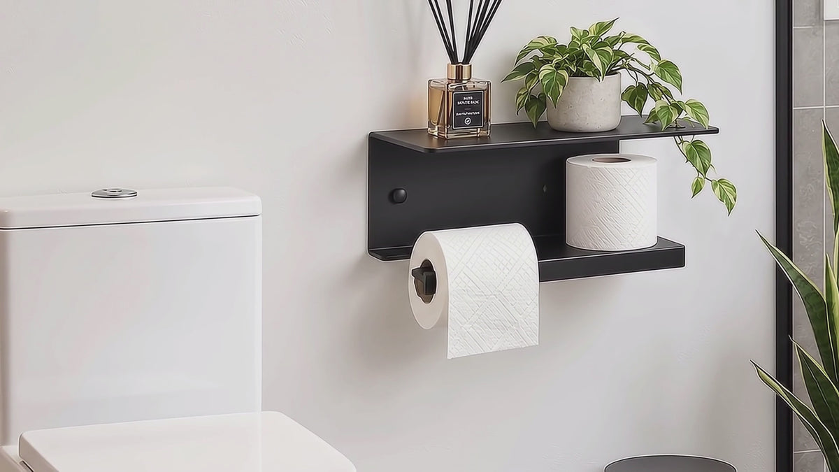 Wall Mounted Toilet Paper Holder with Shelf and Spare Roll Storage