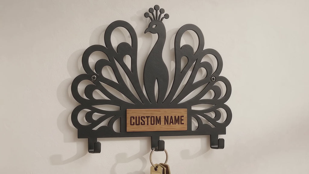 Personalized Peacock Wall Key Holder with Oak Nameplate, Metal Entryway Organizer