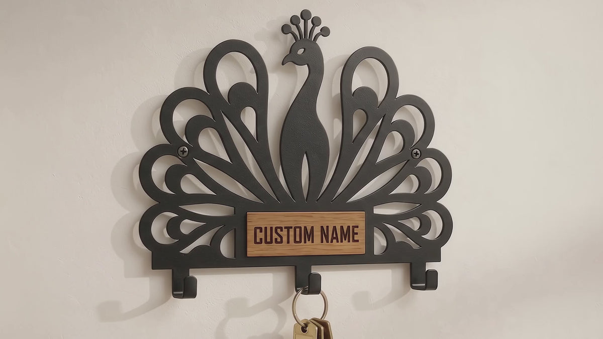 Personalized Peacock Wall Key Holder with Oak Nameplate, Metal Entryway Organizer