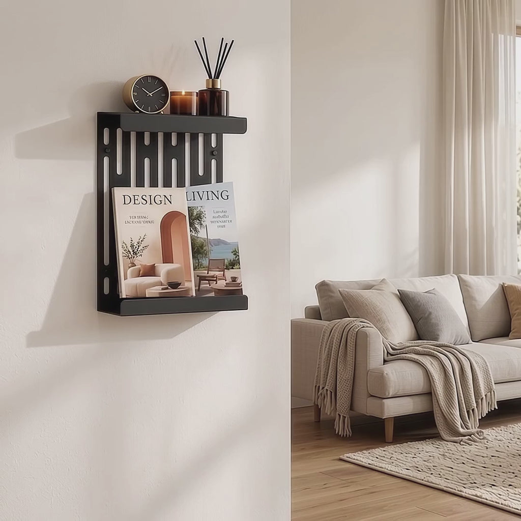 Wall Mounted Magazine Rack with Display Shelf, 2 mm Steel