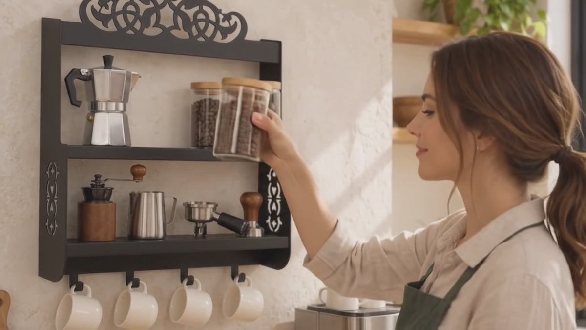 Wall-Mounted Metal Coffee Station Shelf with Mug Hooks