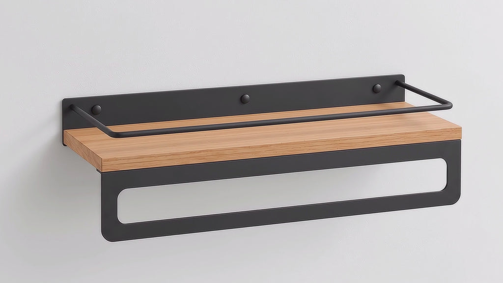 Bathroom Shelf with Towel Bar, Wall Mounted Oak Wood and Metal Organizer