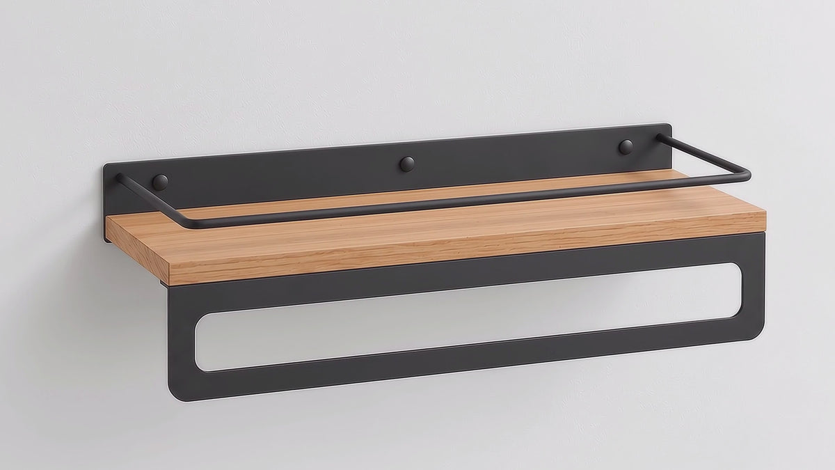Bathroom Shelf with Towel Bar, Wall Mounted Oak Wood and Metal Organizer