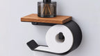 Wall Mounted Toilet Paper Holder with Oak Shelf, Modern Metal Bathroom Organizer