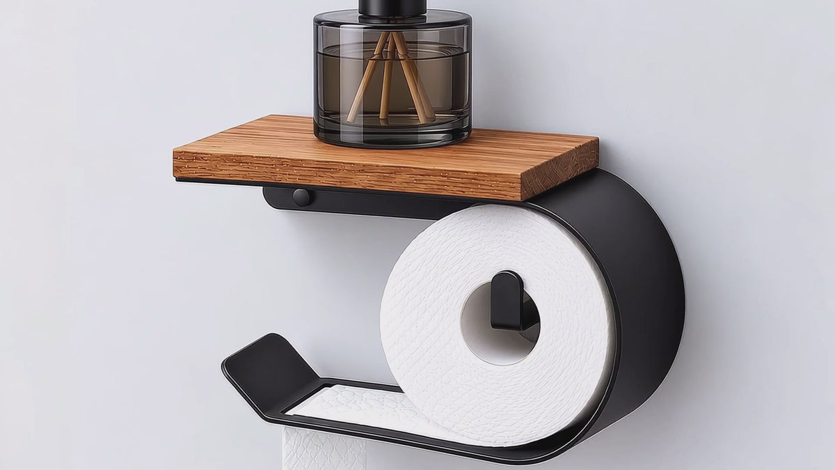 Wall Mounted Toilet Paper Holder with Oak Shelf, Modern Metal Bathroom Organizer