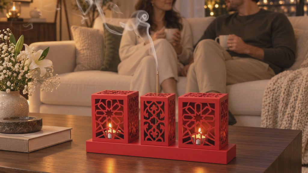 Laser Cut Metal Tealight Candle Holder & Incense Burner Set, Geometric Seljuk Star Modern Home Decor, Unique Centerpiece Gift