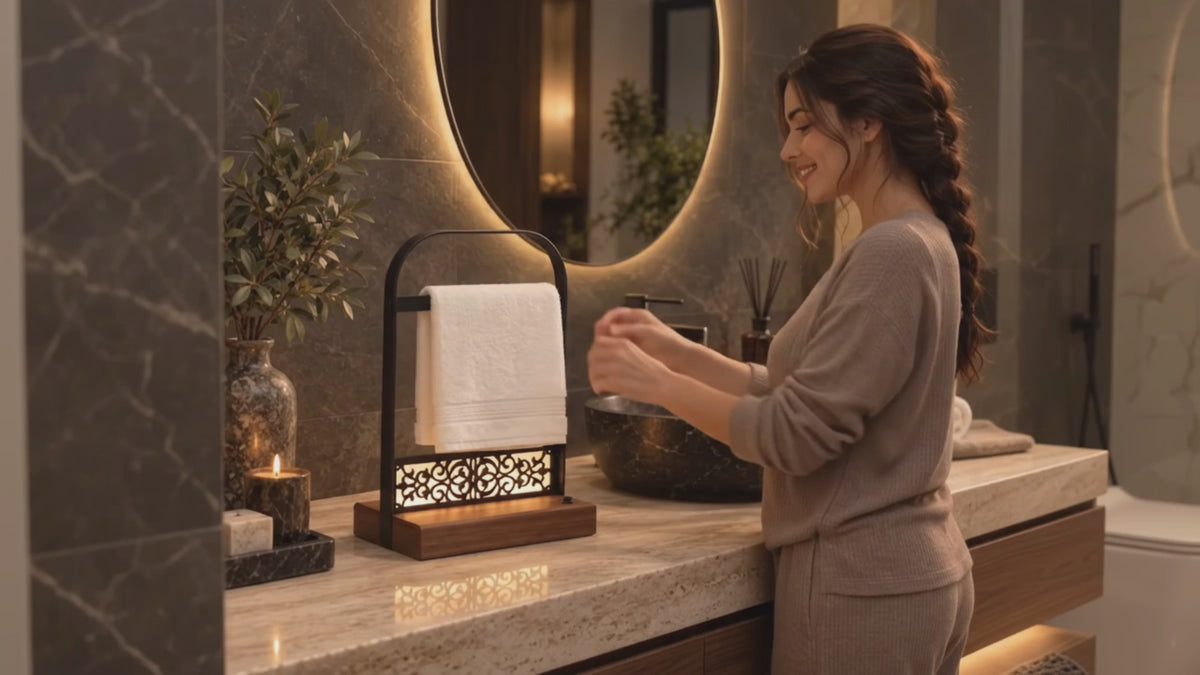 Battery-Powered LED Hand Towel Holder with Wooden Base, Freestanding Bathroom Stand